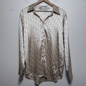 Christian Dior Women Button Front Shirt Large Oblique Monogram Rhinestone Satin